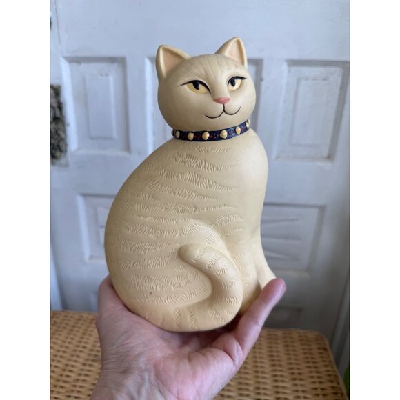 Vintage 80s Bisque Ceramic Set Yellow Cat Figurine and Trinket Box - Picture 4 of 14